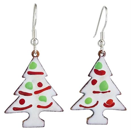 Vintage Handmade Copper Enamel Christmas Tree Earrings