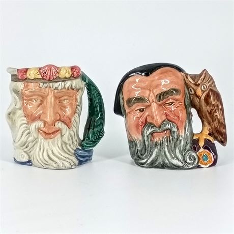 Pair of Miniature Royal Doulton Character Jugs – Merlin & Neptune