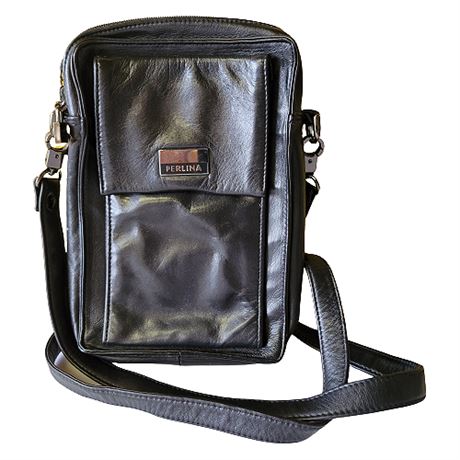 Perlina New York Black Leather Travel Wallet Crossbody Bag