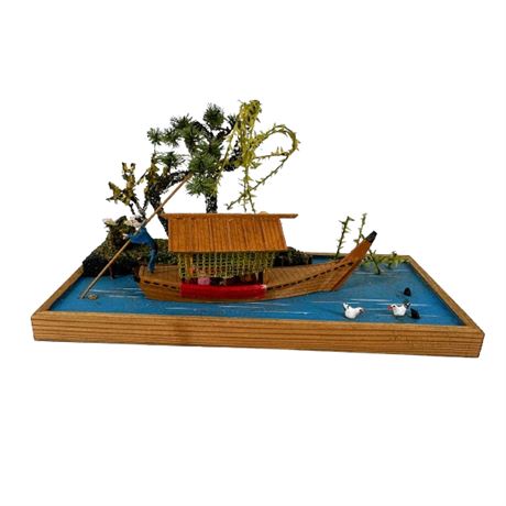 Vintage Miniature Japanese Boat on River Diorama