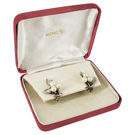 Signed Vintage MING'S HAWAII Sterling Silver Genuine Pearl Clip Earrings in Box