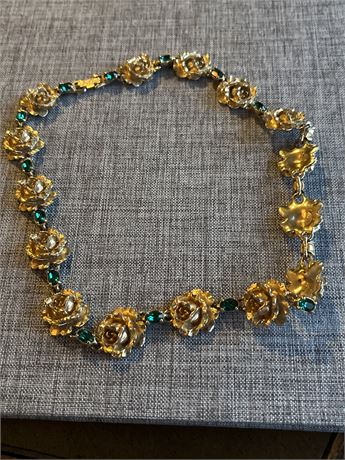 Goldtone rose’s with green rhinestones necklace
