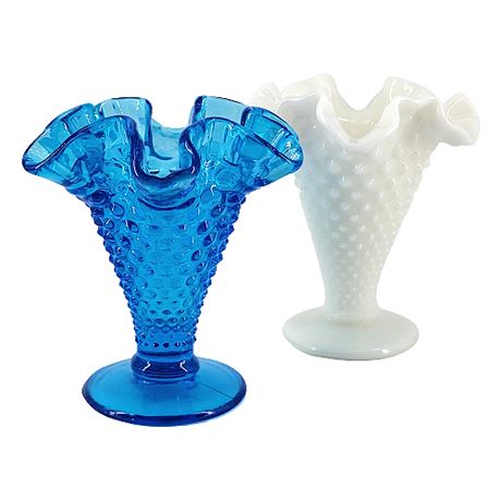 Fenton Hobnail Colonial Blue & Milk Glass Double Crimped Footed Vases