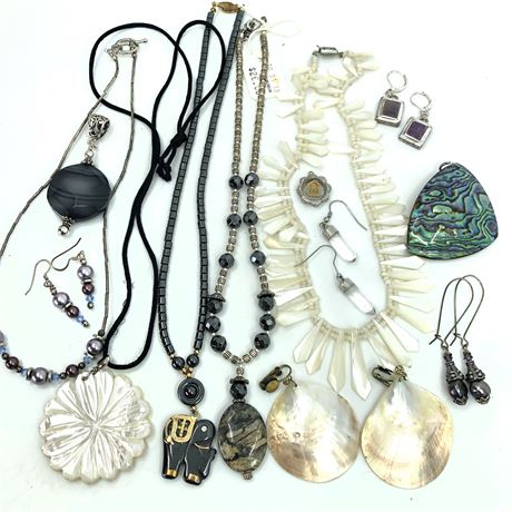 Vintage Jewelry Lot- Hematite Elephant Necklace, MOP, Museum Artisan Stone