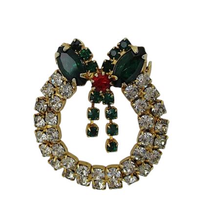 Vintage Rhinestone Holiday WREATH PIn
