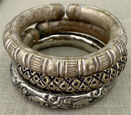 Trio of Vintage Silverplate Embossed Brass Tribal Bangle Bracelets