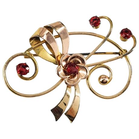 Signed Vintage ISKIN Gold Filled Rhinestone Swirl Brooch