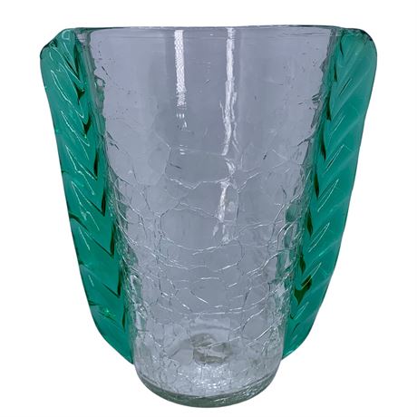 Fine Blenko Crackled Crystal Twisted Green Ear 7 1/2” Art Glass Vase