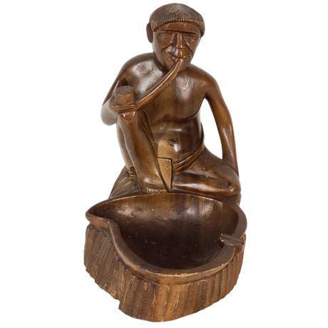 African Hand-Carved Wood Man Smoking a Pipe Ashtray