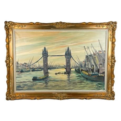 Large Mid-Century G.H. Wille "London Bridge & Harbor" Original Oil Painting