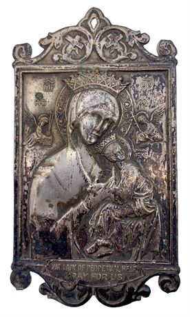 Early Embossed Silverplate Catholic Madonna Religious Alter Plaque