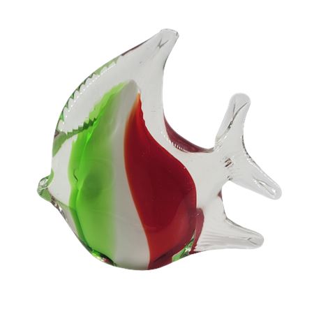 Green, Red & White Striped Art Glass Fish Paperweight