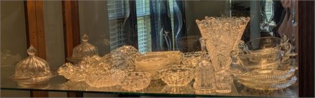 Lot Cut Glass - Vases, bowls, bell, covered cheese plate, etc. (Entire Shelf)