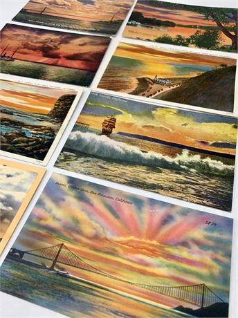 8 1940s Dramatic Sunset Travel Souvenir Postcards