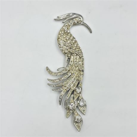 Rhodium plated peacock brooch, as is 5 inches tall