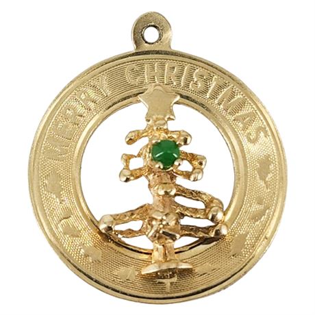 Vintage 14K Gold Merry Christmas Charm w/ Emerald