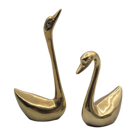 Pair Small Vintage Brass Swan Figurines