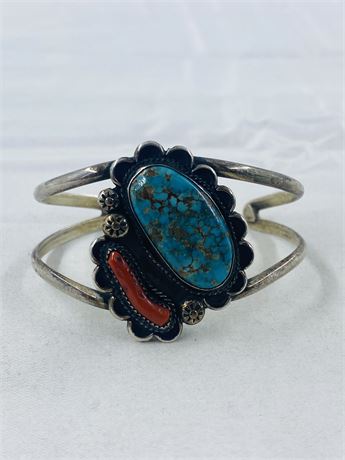 Nice 24g Navajo Signed Sterling Coral + Turquoise Cuff Bracelet