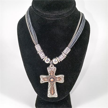 Leather & Metal Layered Cross Necklace