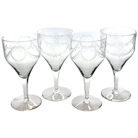 Vintage Forstoria "Garland" Etched Crystal Water Goblet Glasses - Set of 4