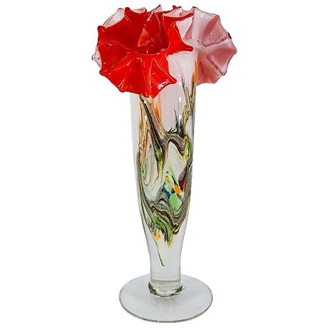Murano Style Cased Swirled Art Glass Vase w/ Crimped Top
