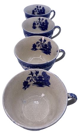 4 Early Blue Willow Cobalt Blue Teacups, Made in Japan