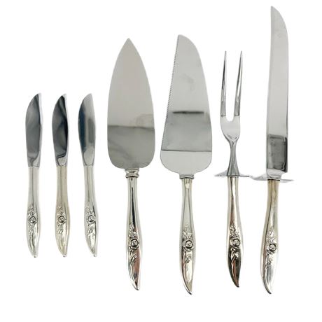 Lot of 8 Oneida Heirloom Sterling Silver “Bella Rose” Serving Pieces & Knives