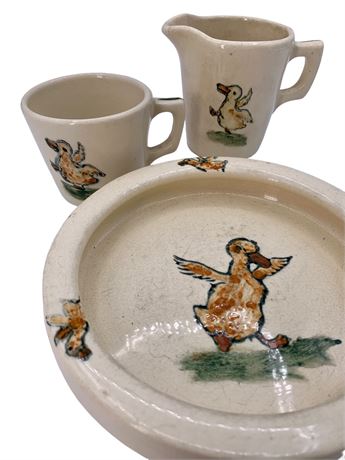 3 pc 1920s Weller Pottery Hand Painted Duckling Child Dish, Mug & Pitcher