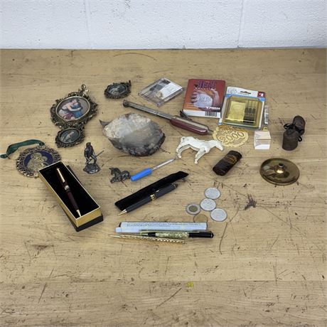 Tin Buck full of Harley Davidson, Pens, Pewter, Geode and More
