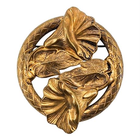 Vintage Art Nouveau Stamped Brass Floral Brooch