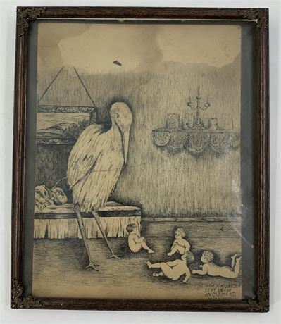 Antique 1908 Original Charcoal Sketch of Stork and Babies, Signed, in 30s Frame
