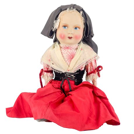 Antique Handmade Cloth Doll with Papier-Maché, Hand-Painted Face