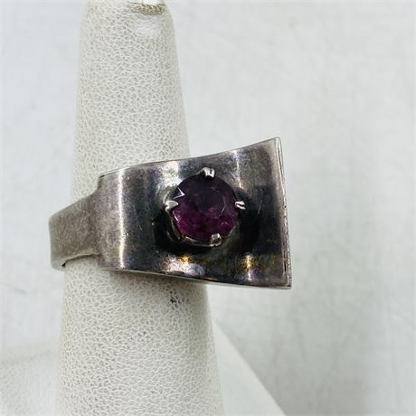 11.5g Vntg Signed Taxco Amethyst Sterling Ring Size 7