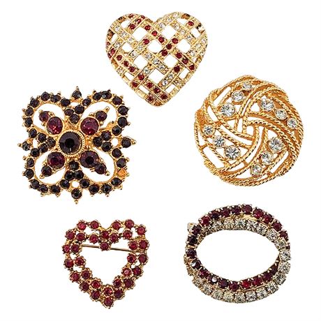 Five Vintage Gold Tone Rhinestone Brooches