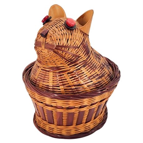 Vintage Cat Shaped Wicker Trinket Basket Box