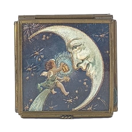 Vintage Stained Glass Trinket Box – Cherub & Crescent Moon Design