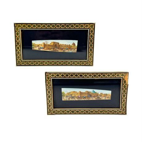 Pair of Vintage Iranian Miniature Paintings on Camel Bone