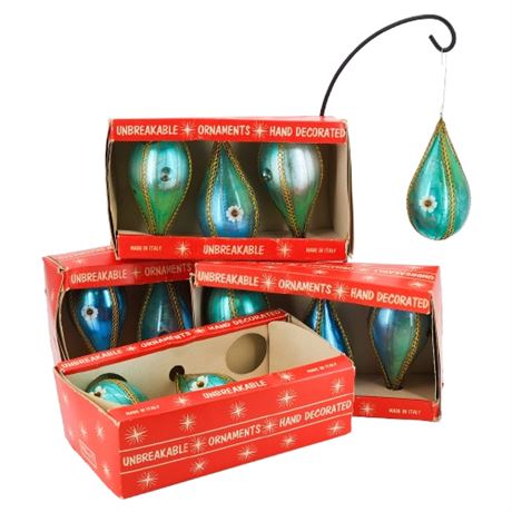 Vintage Italian Unbreakable Teardrop Ornaments, Four Boxes of Three