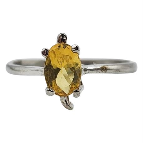 Vintage Sterling Silver Faux Yellow Stone Turtle Ring, Sz 6.75