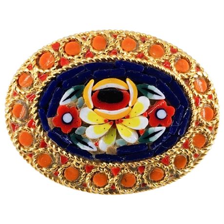 Vintage Italian Micro Mosaic Floral Oval Brooch