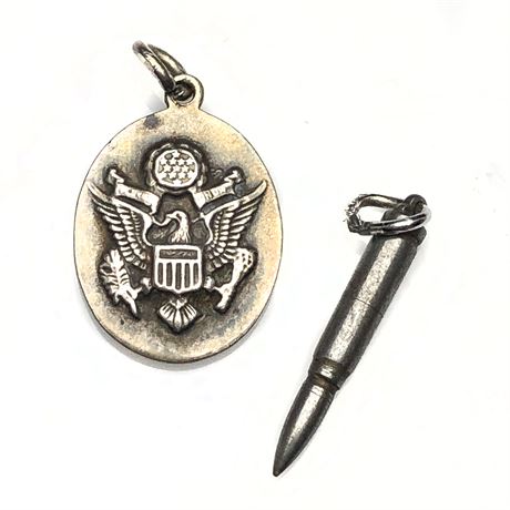 Vintage Sterling Army Signal Corps Pendant/Charm & Silver Plate Bullet Charm