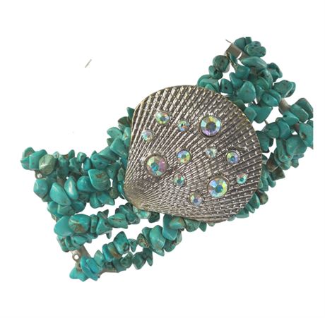 Turquoise, coral multi beaded stretch bracelet with seashell rhinestone design