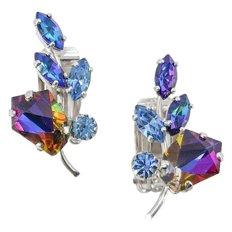 Vintage CONTINENTAL Prong Set Vitrail Rhinestone Clip Earrings