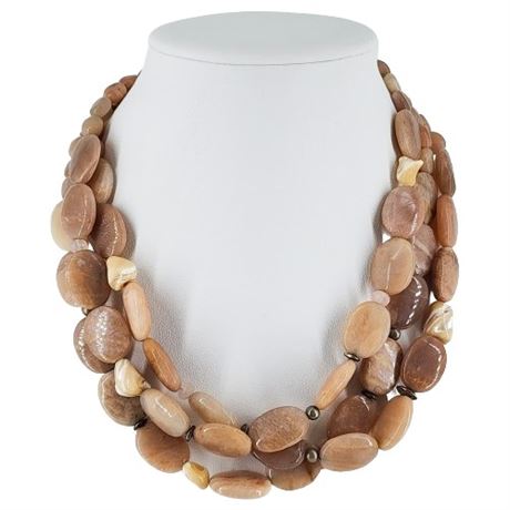 Signed Barse Sterling Silver Peach Moonstone Triple Strand Necklace