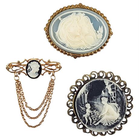 Three Vintage Resin Cameo Brooches