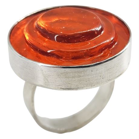 Vintage Sterling Silver Orange Dimensional Glass Ring, Sz 6.5