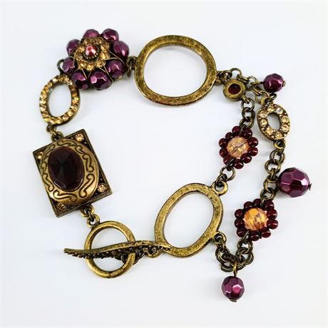 Vintage Bohemian-Style Ornate Toggle Bracelet – Gold-Tone With Deep Garnet