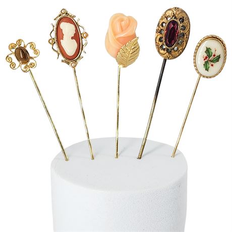 5 Vintage Stick Pins, Incl. Tiger's Eye, Cameo, Rose, & More