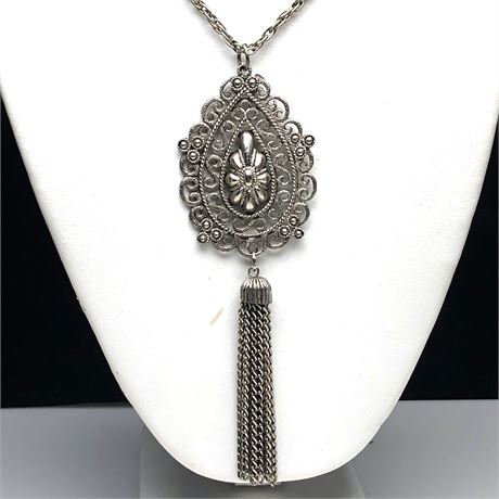 Vintage Silver Tone Trifari Tassel Pendant Necklace