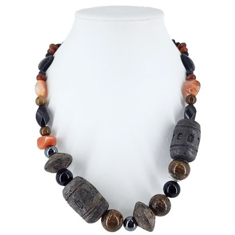 Artisan Made Chunky Gemstone & Asian Ceramic Bead Necklace, Repaired